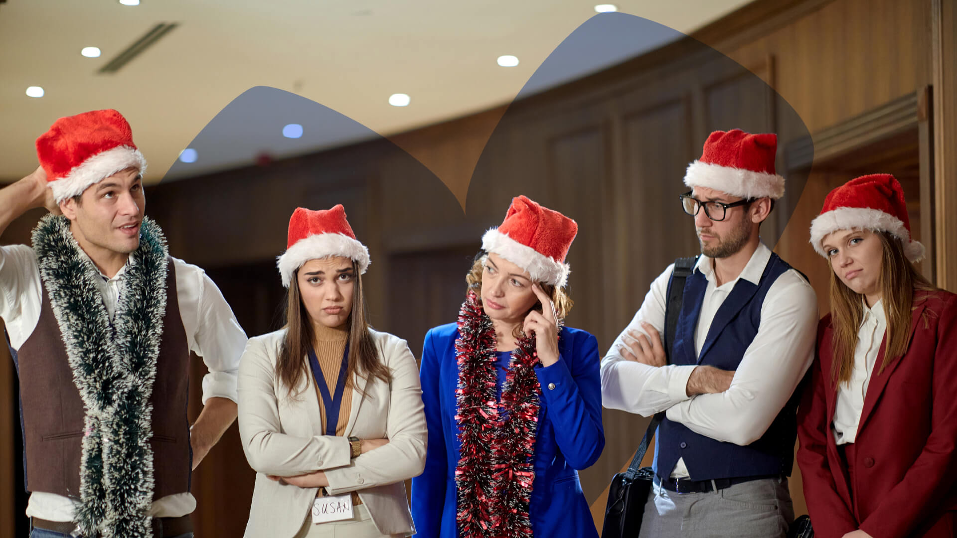 Five unhappy workers at a Christmas Party
